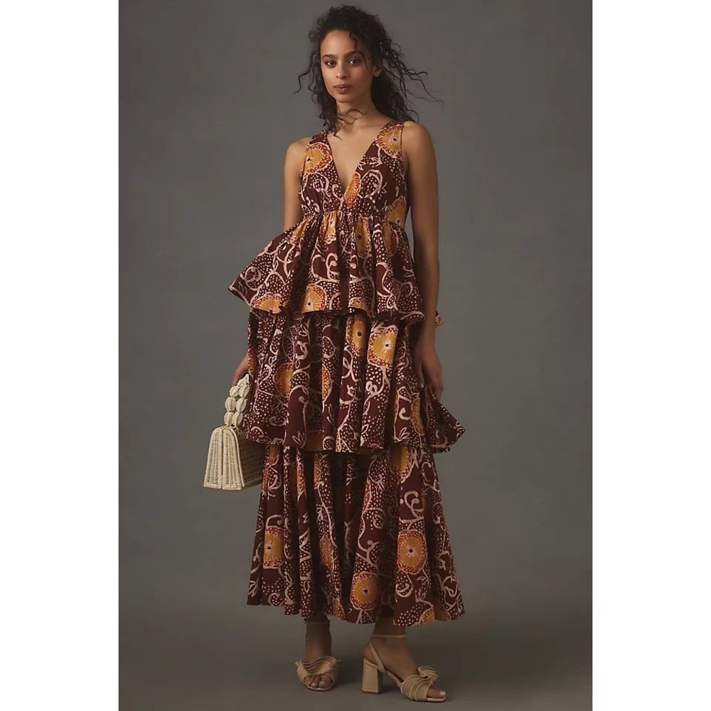 Anthropologie Atsu V-neck Maxi Dress Brown Floral Tier Retro Preppy Boho Resort
